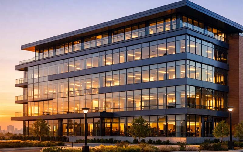 Modern commercial office building at sunrise with digital energy efficiency data overlays showing performance metrics