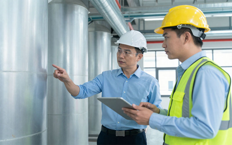 Energy engineer reviewing commercial building HVAC systems with tablet during retro-commissioning audit