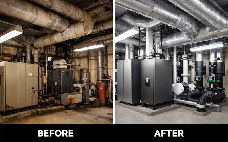 Before and after comparison of commercial building systems upgrade showing improved energy efficiency with green performance indicators